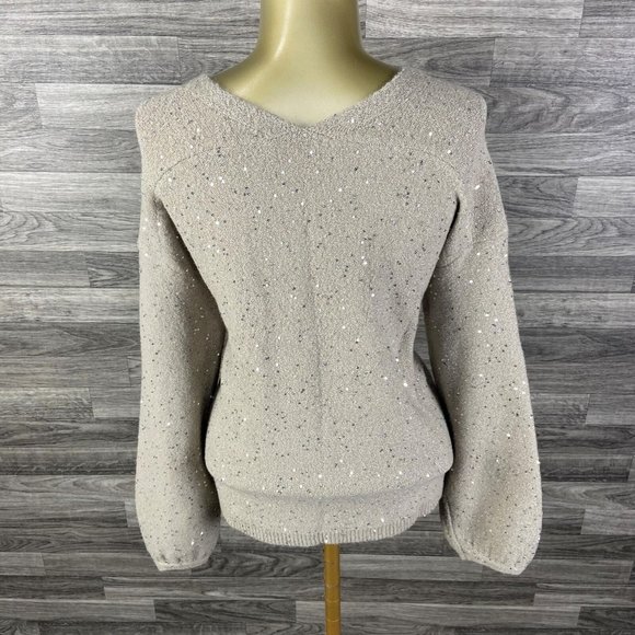 ANN TAYLOR LOFT V-Neck Pullover Tan Sequin Knit Sweater Women's Size Medium - Picture 2 of 11